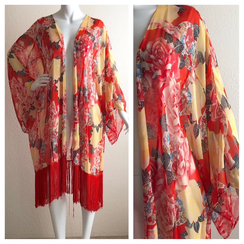 Asos Sheer Floral Fringe Kimono Cover Up One Size
